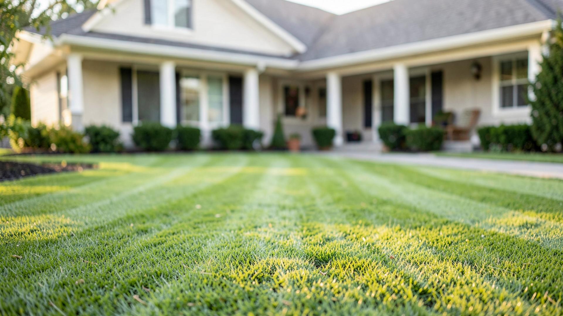 Freshly mowed striped lawn in front of a tidy home